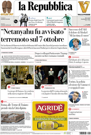 Prima pagina La Repubblica di oggi - Quotidiano nazionale