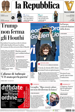 Prima pagina La Repubblica di oggi - Quotidiano nazionale