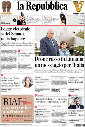 Prima pagina La Repubblica di oggi - Quotidiano nazionale