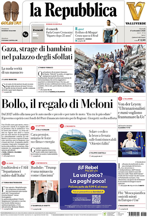 Prima pagina La Repubblica di oggi - Quotidiano nazionale