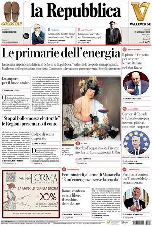Prima pagina La Repubblica di oggi - Quotidiano nazionale