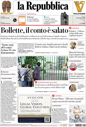 Prima pagina La Repubblica di oggi - Quotidiano nazionale