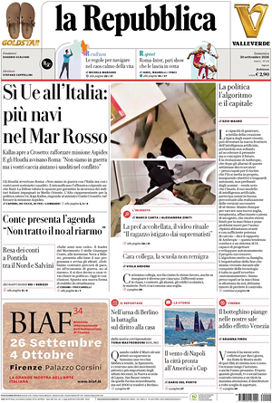 Prima pagina La Repubblica di oggi - Quotidiano nazionale