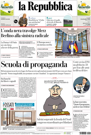 Prima pagina La Repubblica di oggi - Quotidiano nazionale