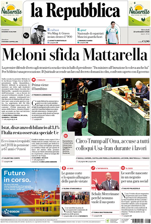 Prima pagina La Repubblica di oggi - Quotidiano nazionale