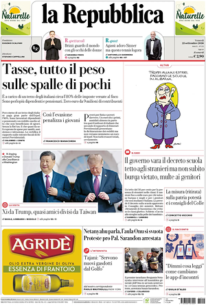 Prima pagina La Repubblica di oggi - Quotidiano nazionale