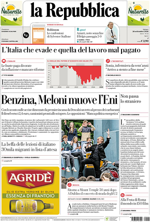 Prima pagina La Repubblica di oggi - Quotidiano nazionale