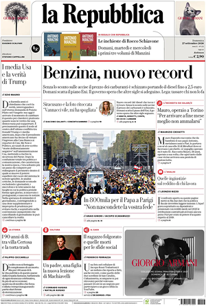 Prima pagina La Repubblica di oggi - Quotidiano nazionale