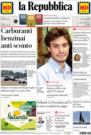 Prima pagina La Repubblica di oggi - Quotidiano nazionale