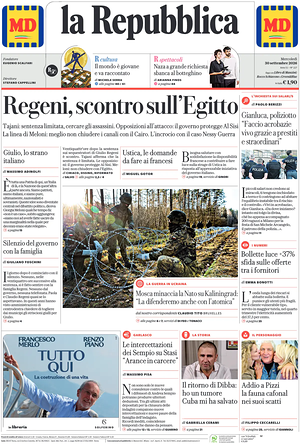 Prima pagina La Repubblica di oggi - Quotidiano nazionale