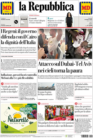 Prima pagina La Repubblica di oggi - Quotidiano nazionale