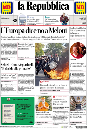 Prima pagina La Repubblica di oggi - Quotidiano nazionale