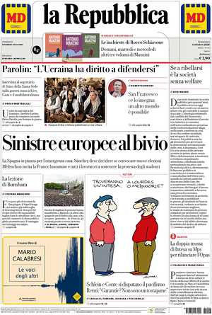Prima pagina La Repubblica di oggi - Quotidiano nazionale