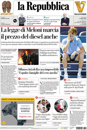 Prima pagina La Repubblica di oggi - Quotidiano nazionale