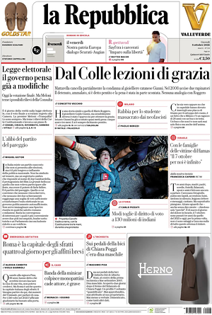 Prima pagina La Repubblica di oggi - Quotidiano nazionale