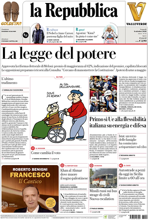 Prima pagina La Repubblica di oggi - Quotidiano nazionale