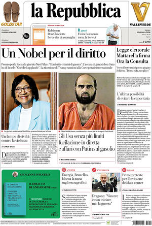 Prima pagina La Repubblica di oggi - Quotidiano nazionale