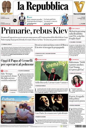 Prima pagina La Repubblica di oggi - Quotidiano nazionale