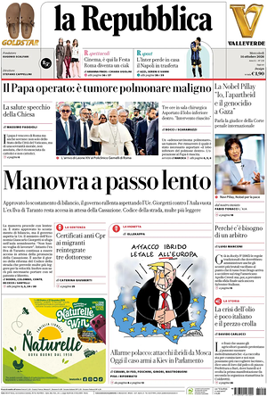 Prima pagina La Repubblica di oggi - Quotidiano nazionale
