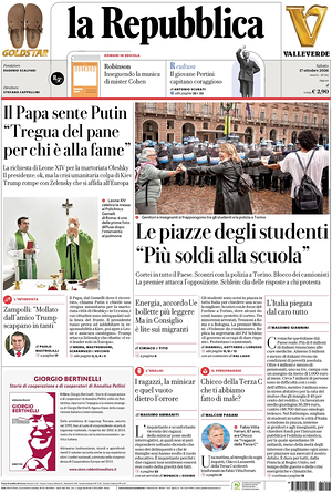 Prima pagina La Repubblica di oggi - Quotidiano nazionale