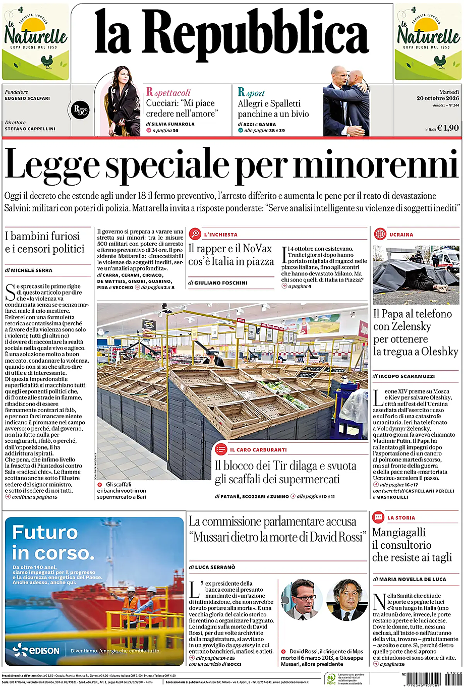 Prima pagina La Repubblica di oggi - Edicola 20 Ottobre 2026