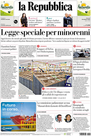Prima pagina La Repubblica di oggi - Quotidiano nazionale