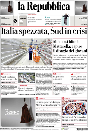 Prima pagina La Repubblica di oggi - Quotidiano nazionale