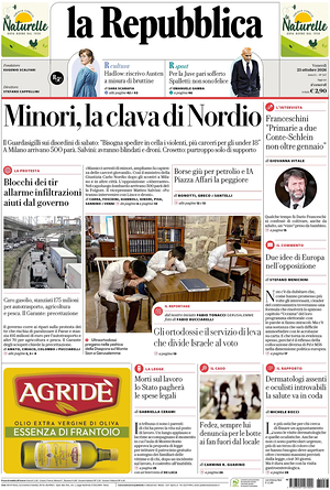 Prima pagina La Repubblica di oggi - Quotidiano nazionale