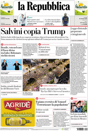 Prima pagina La Repubblica di oggi - Quotidiano nazionale