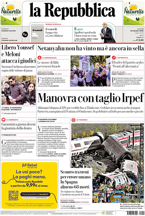 Prima pagina La Repubblica di oggi - Quotidiano nazionale