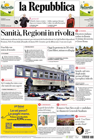Prima pagina La Repubblica di oggi - Quotidiano nazionale