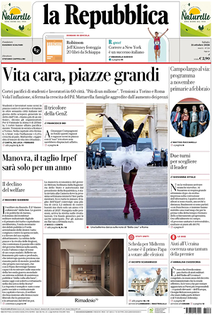 Prima pagina La Repubblica di oggi - Quotidiano nazionale