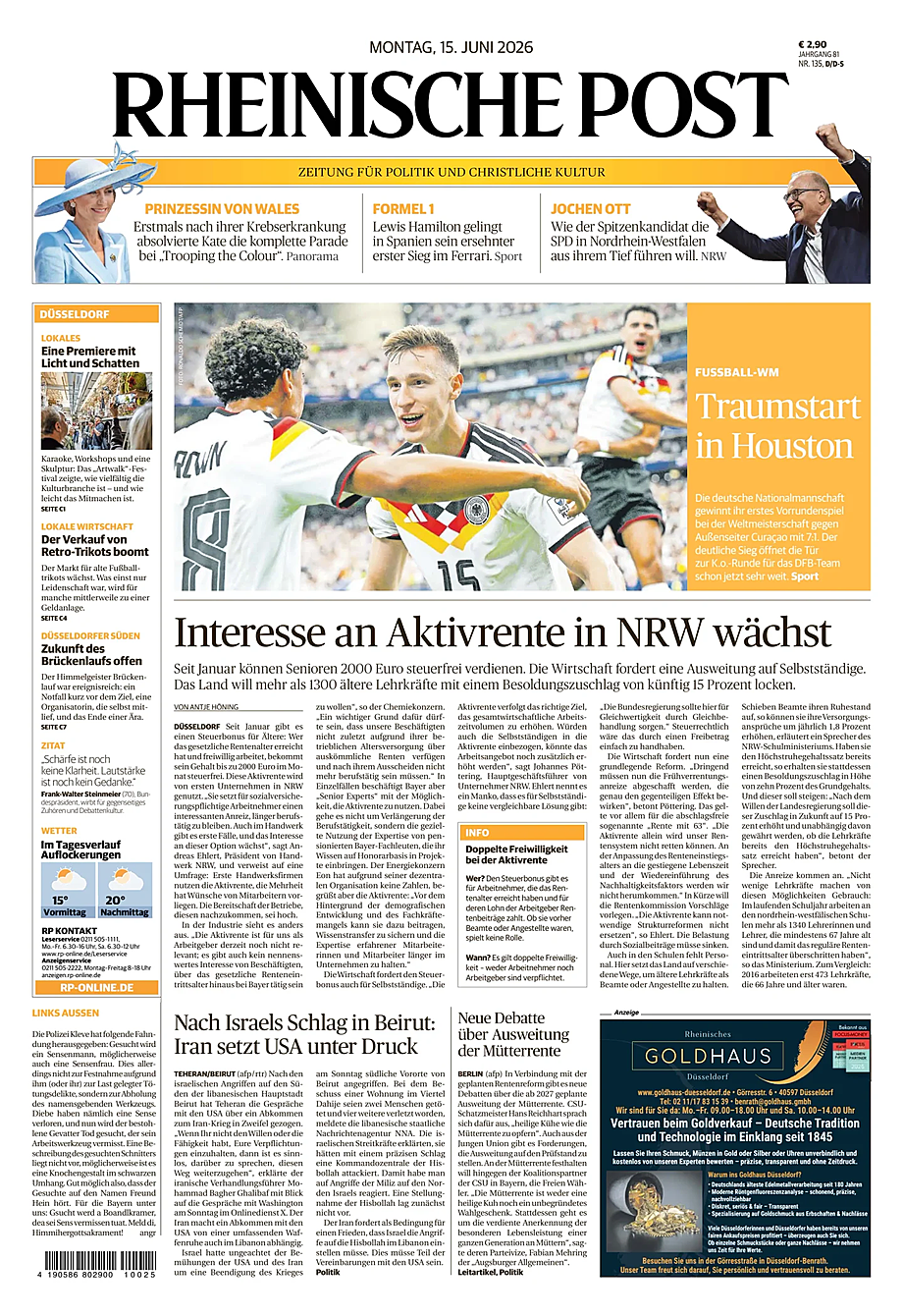 Titelseite von Rheinische Post heute - Presse 15 Juni 2026