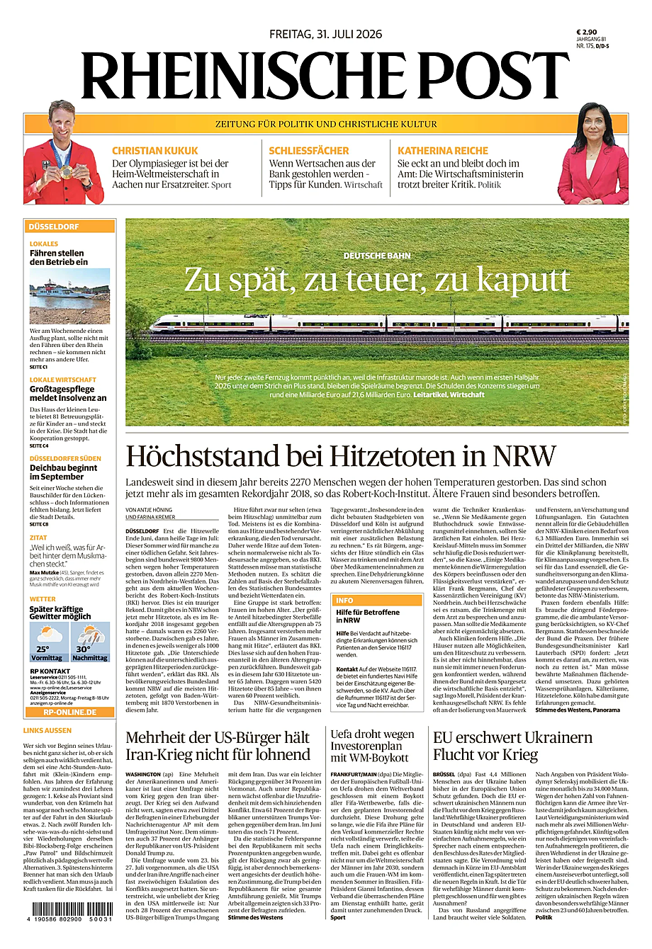 Titelseite von Rheinische Post heute - Presse 31 Juli 2026