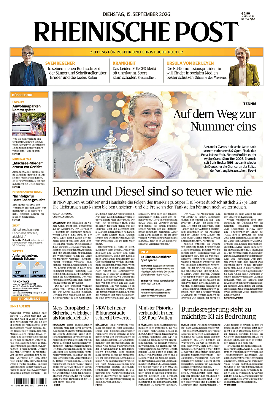 Titelseite von Rheinische Post heute - Presse 15 September 2026