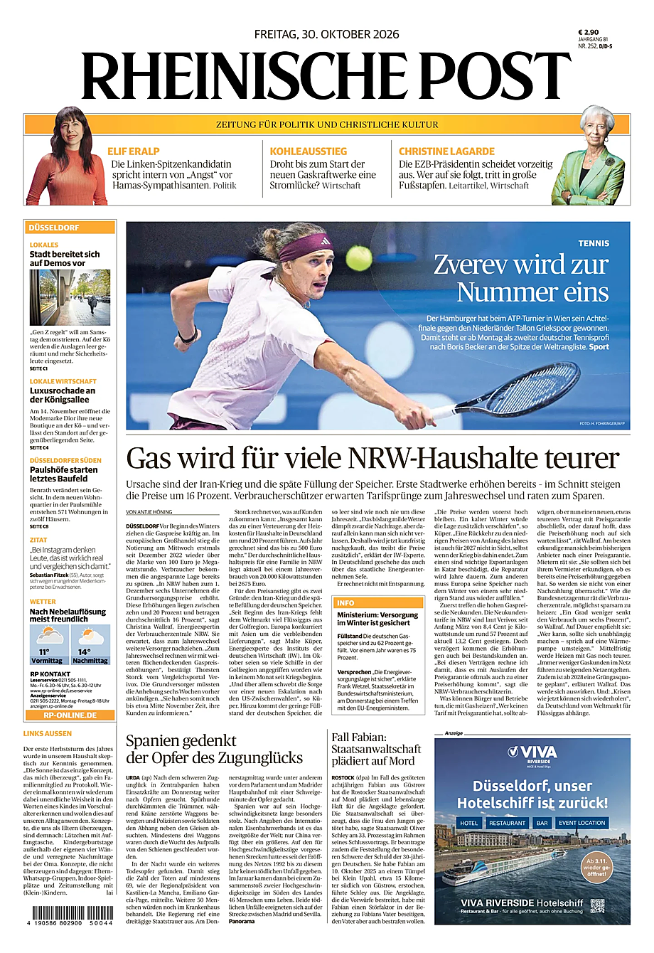 Titelseite von Rheinische Post heute - Presse 30 Oktober 2026