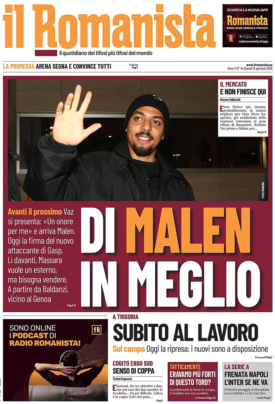 Prima pagina Il Romanista di oggi - Edicola 15 Gennaio 2026