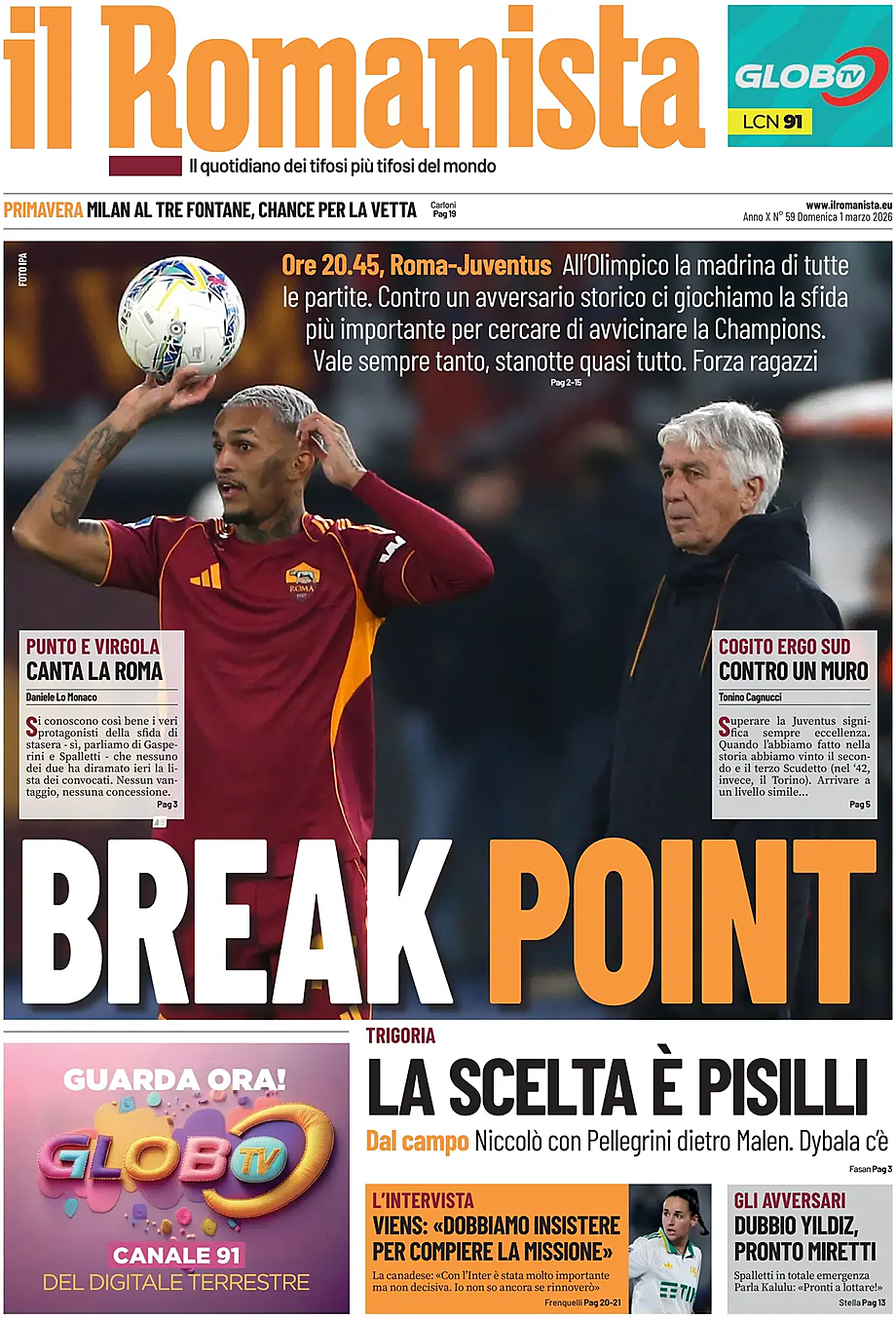 Prima pagina Il Romanista di oggi - Edicola 1 Marzo 2026