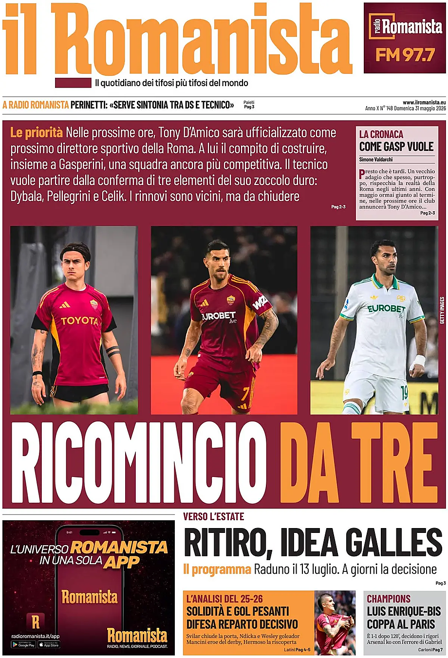Prima pagina Il Romanista di oggi - Edicola 31 Maggio 2026