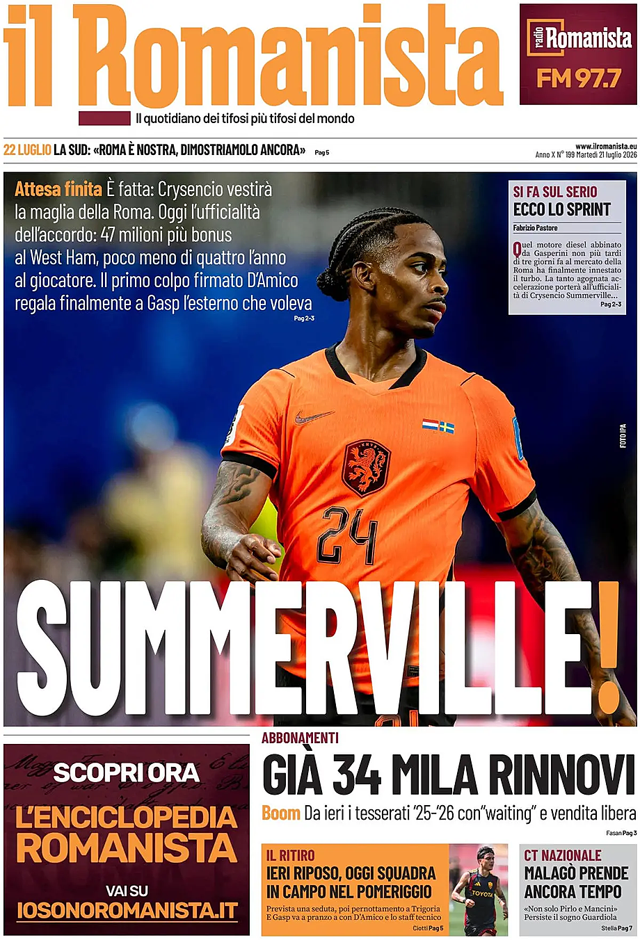 Prima pagina Il Romanista di oggi - Edicola 21 Luglio 2026