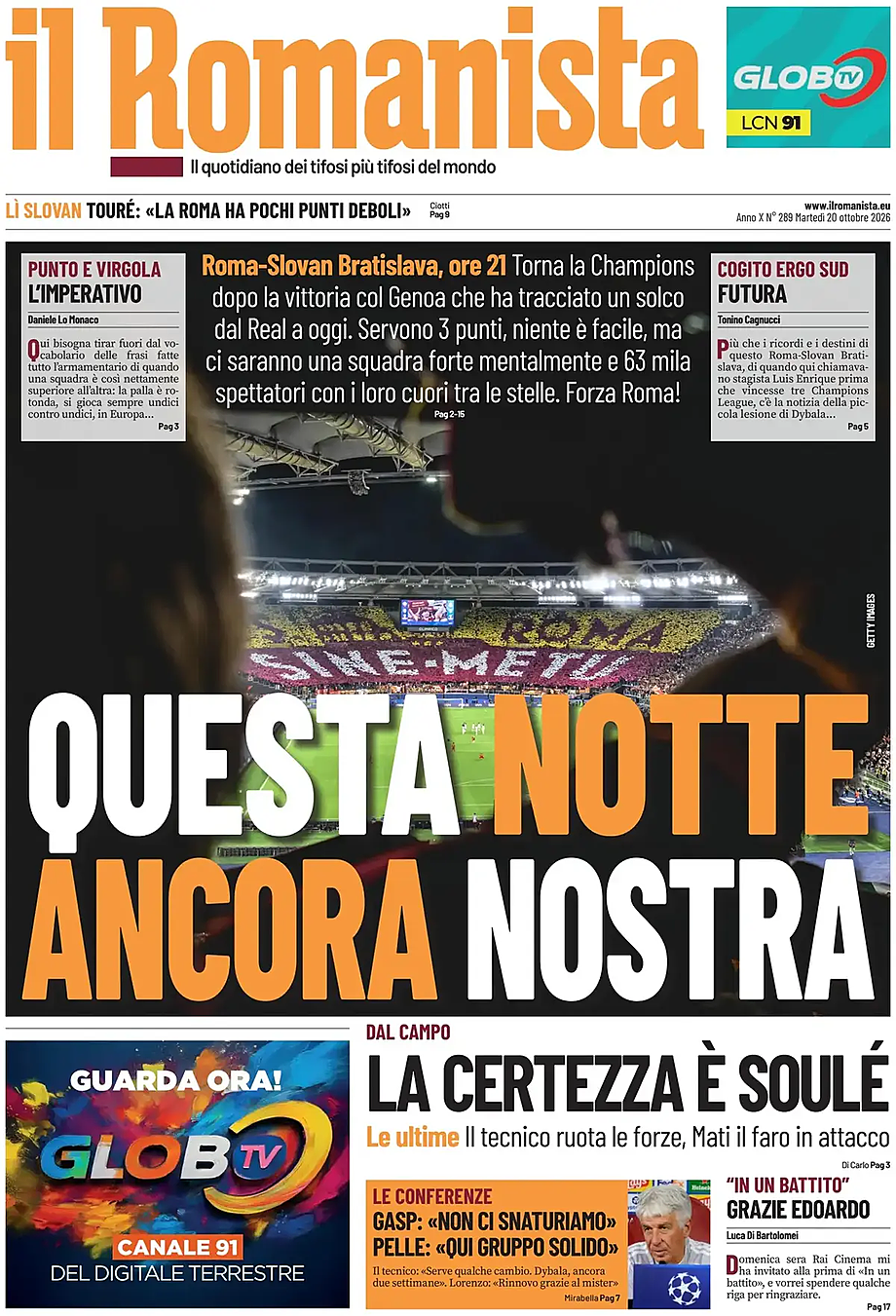 Prima pagina Il Romanista di oggi - Edicola 20 Ottobre 2026