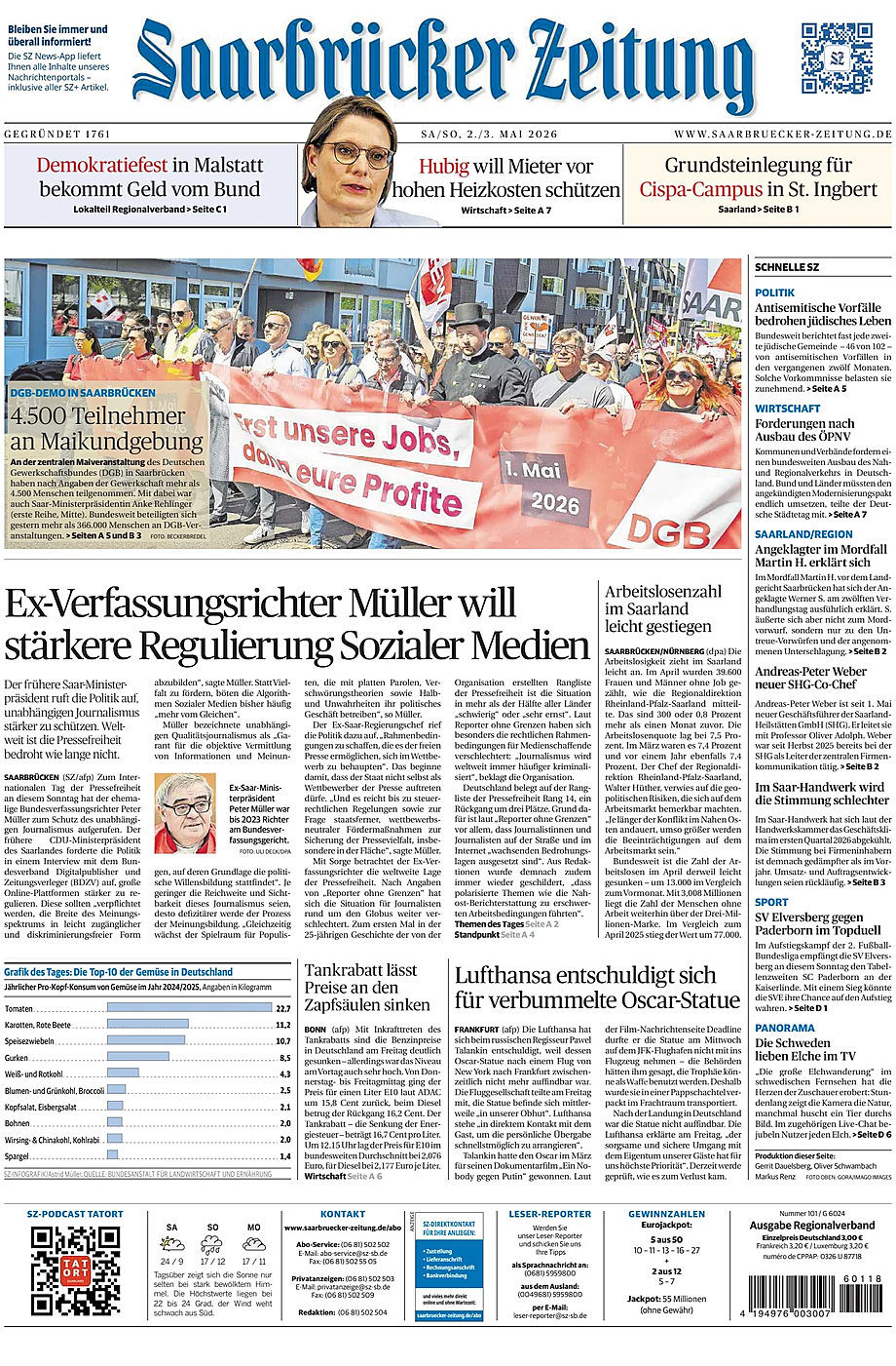 Titelseite von Saarbrücker Zeitung heute - Presse 2 Mai 2026