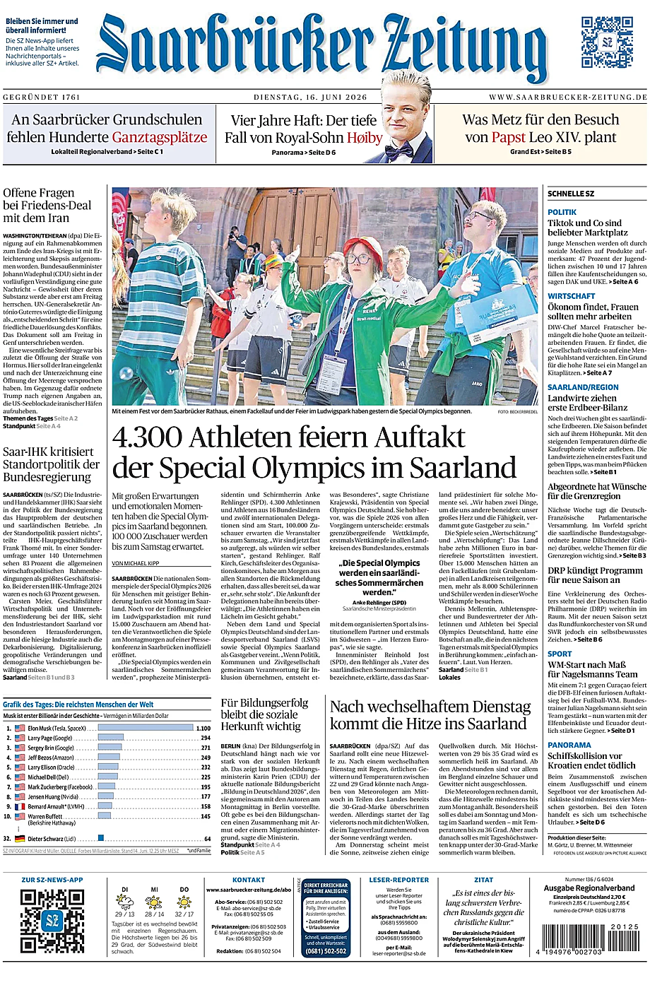 Titelseite von Saarbrücker Zeitung heute - Presse 16 Juni 2026