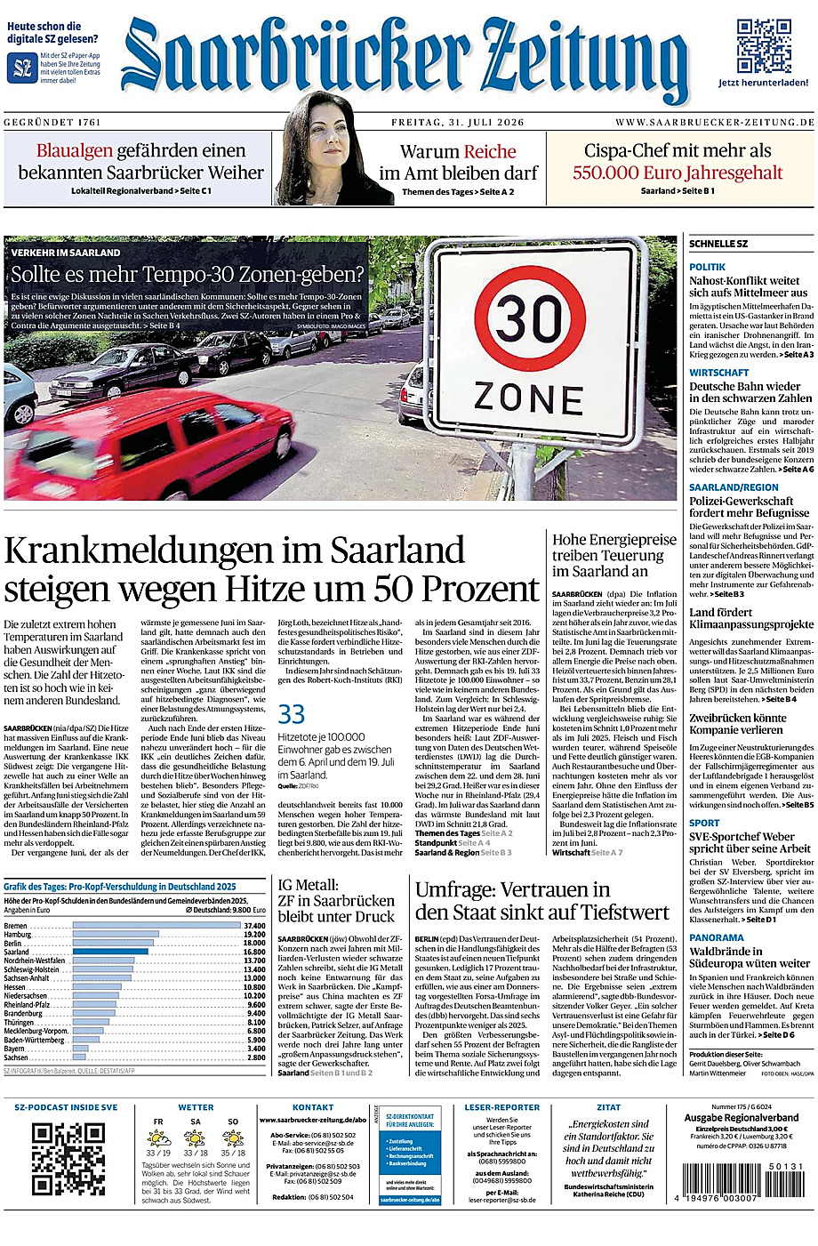 Titelseite von Saarbrücker Zeitung heute - Presse 31 Juli 2026