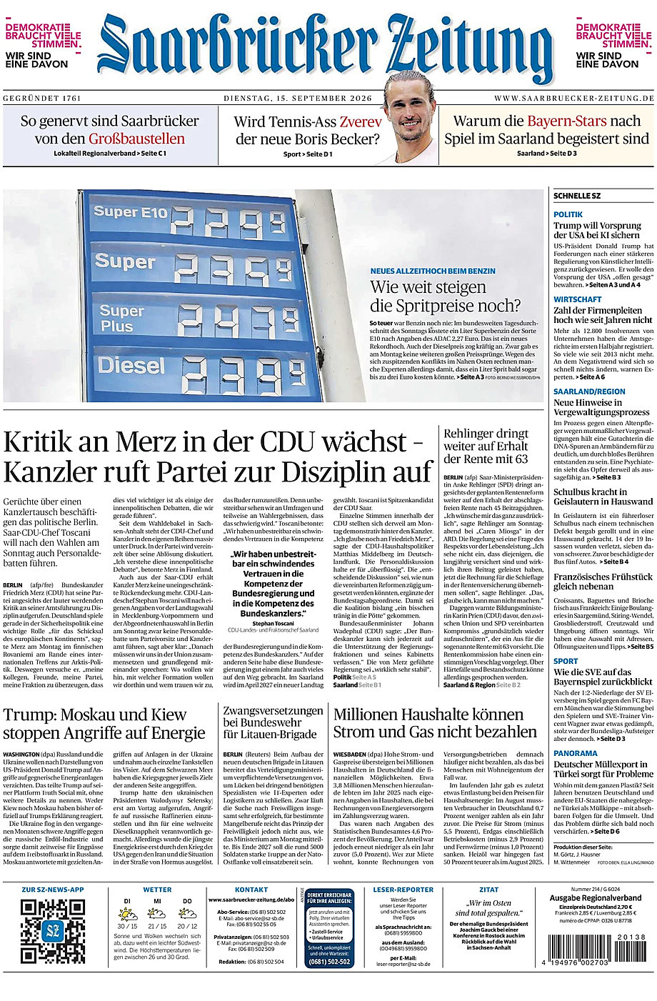 Titelseite von Saarbrücker Zeitung heute - Presse 15 September 2026