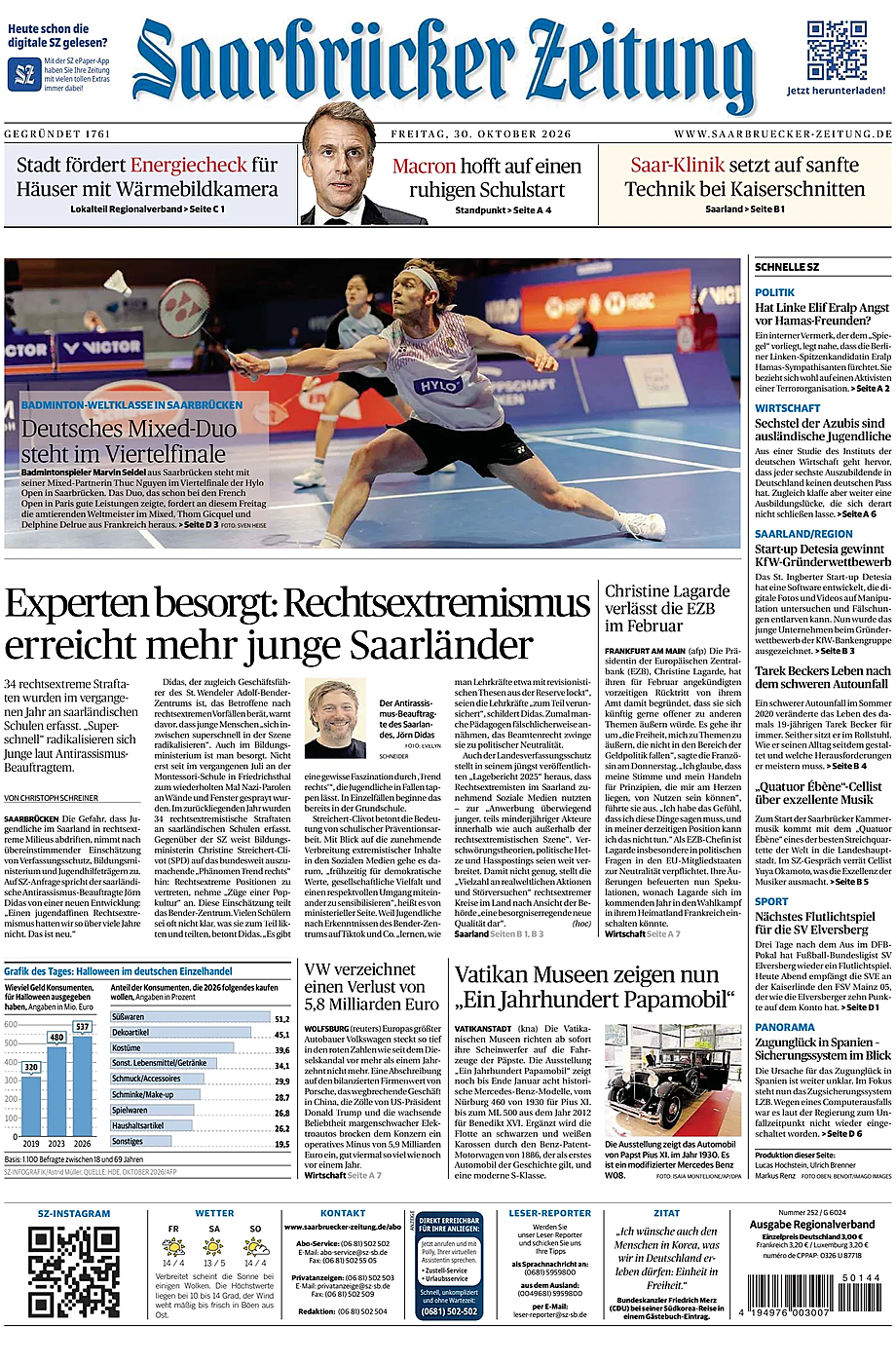 Titelseite von Saarbrücker Zeitung heute - Presse 30 Oktober 2026