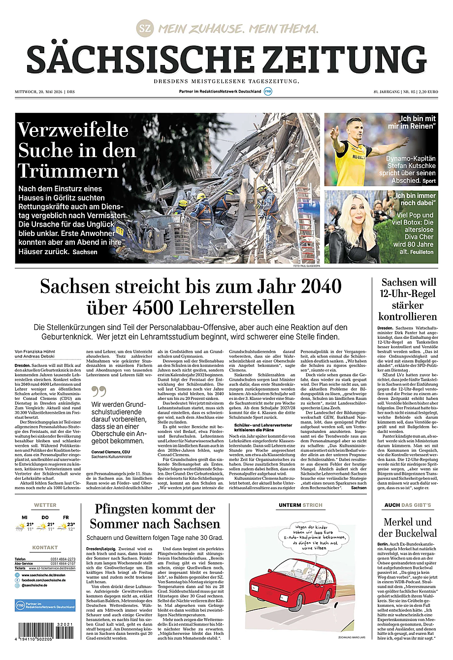 Titelseite von Sächsische Zeitung heute - Presse 20 Mai 2026