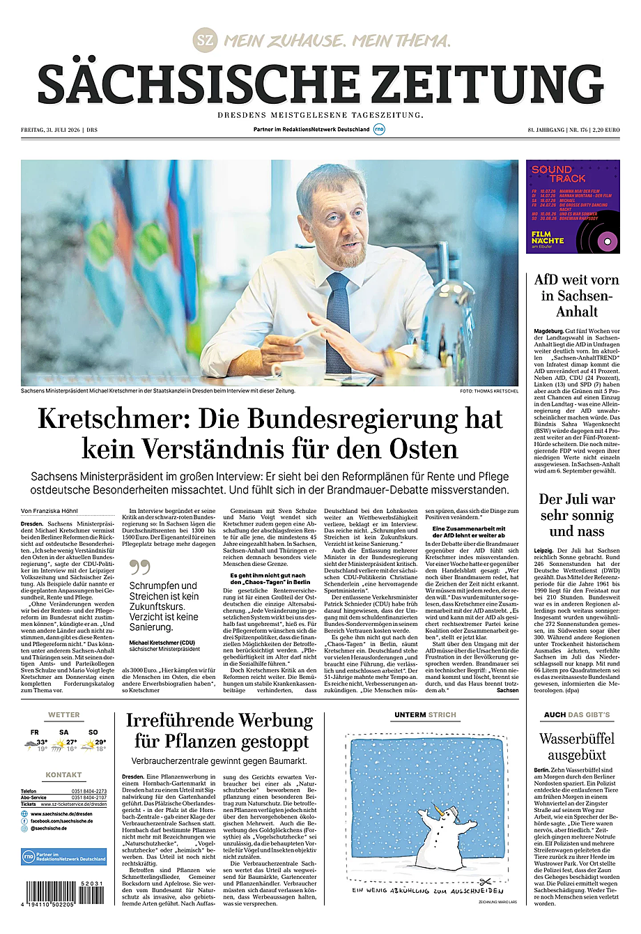 Titelseite von Sächsische Zeitung heute - Presse 31 Juli 2026