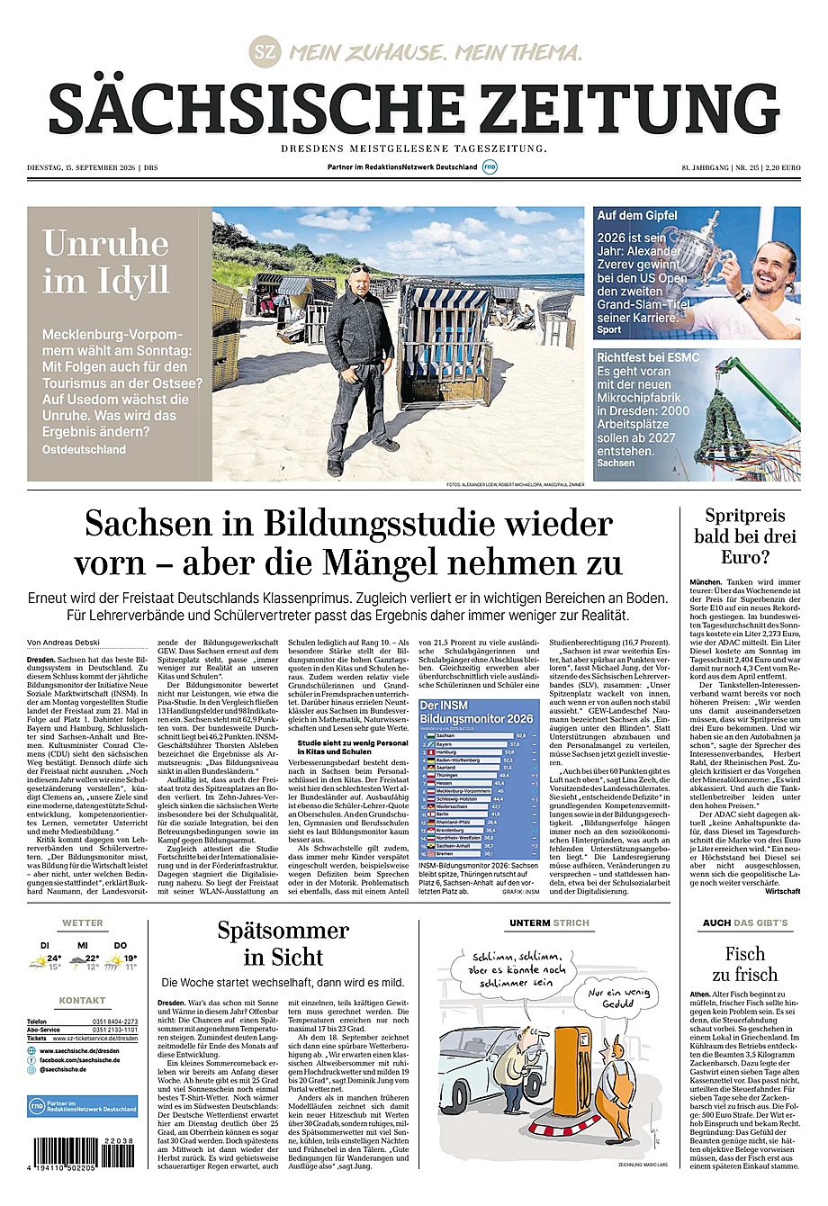 Titelseite von Sächsische Zeitung heute - Presse 15 September 2026