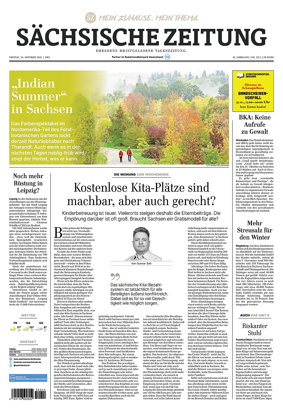 Titelseite von Sächsische Zeitung heute - Presse 30 Oktober 2026